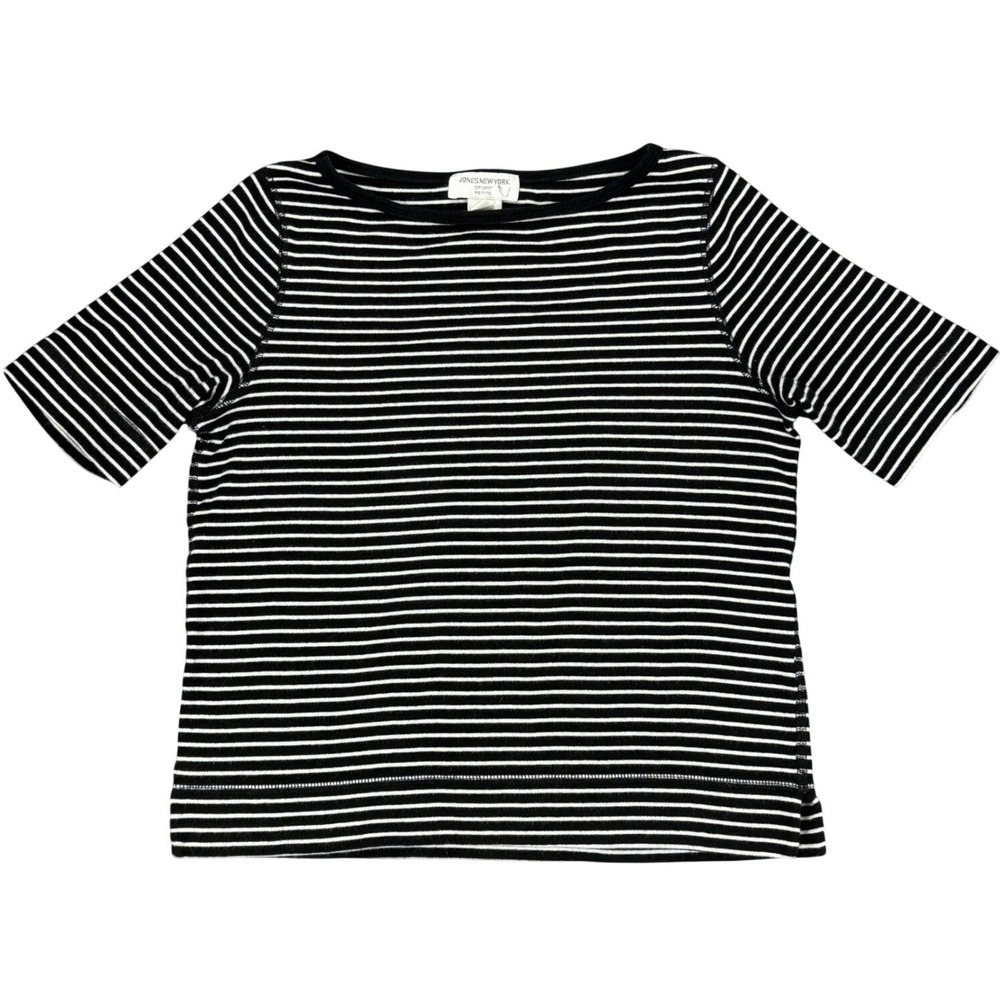 Jones New York Sport Petite Size Petite Black White Stripe Short Sleeve Knit Top